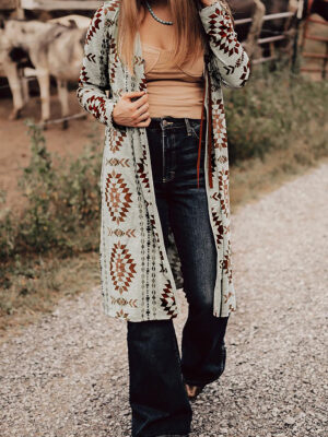 Brown Western Aztec Printed Open Front Long Cardigan