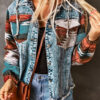 Multicolor Aztec Print Frayed Hem Denim Jacket