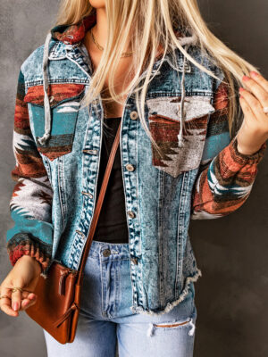 Multicolor Aztec Print Frayed Hem Denim Jacket