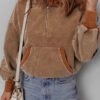 Chestnut Half Zipper Kangaroo Pocket Drawstring Corduroy Hoodie