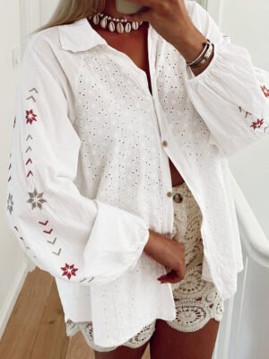 Floral Embroidered Puff Sleeve Eyelet Patchwork Shirt