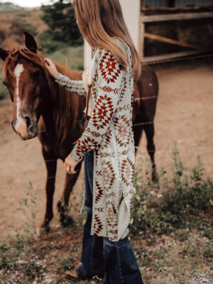 Brown Western Aztec Printed Open Front Long Cardigan