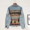 Loose Vintage Ethnic Embroidery Tassel Jeans Jacket Women Frayed Blue Denim Jacket Long Sleeve Casual Outerwear