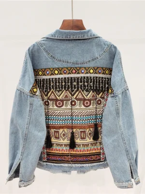 Loose Vintage Ethnic Embroidery Tassel Jeans Jacket Women Frayed Blue Denim Jacket Long Sleeve Casual Outerwear