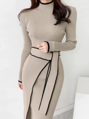 YuooMuoo Elegant Lace Up Turtleneck Knitted Long Dress Korean Fashion Khaki Black Rib Bandage Bodycon Sweater Dress Robe Femme