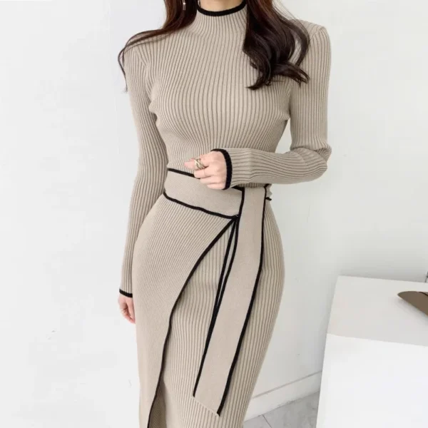 YuooMuoo Elegant Lace Up Turtleneck Knitted Long Dress Korean Fashion Khaki Black Rib Bandage Bodycon Sweater Dress Robe Femme