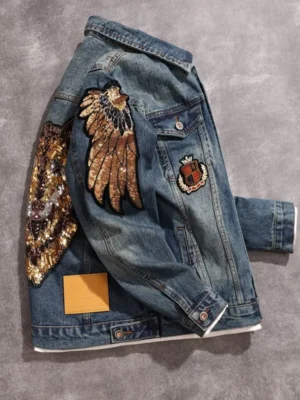 Personalized sequins design men's denim jacket [Owl] embroidery fashion Trendy loose versatile men's jacket tops