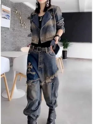 Fashion Cool Denim Set Women Trend Popular Set Personality Lapel Washed Jean Jacket Harun Pants Fried Street 2 Piece Suit