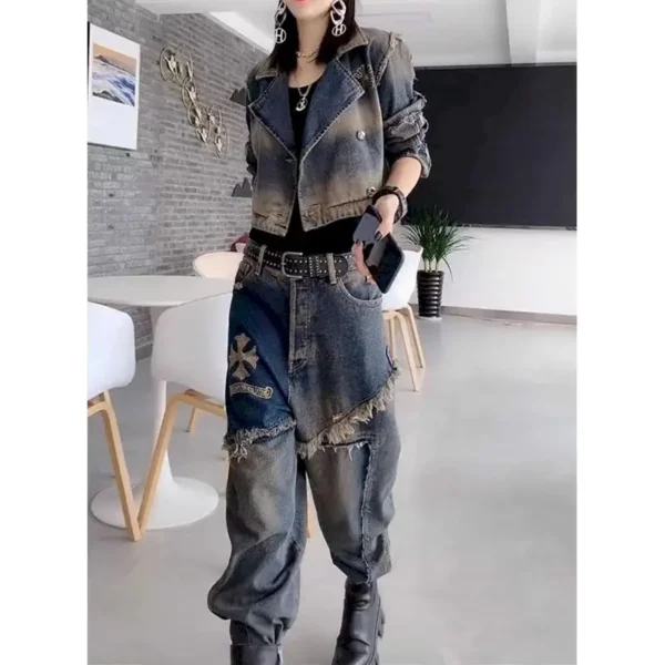 Fashion Cool Denim Set Women Trend Popular Set Personality Lapel Washed Jean Jacket Harun Pants Fried Street 2 Piece Suit