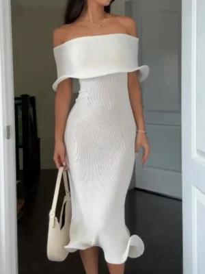 Sexy Solid Lotus Edge Midi Dress Elegant Princess One Shoulder Slim Party Dress Women Shawl Sleeve Bodycon Tube Tops Dress