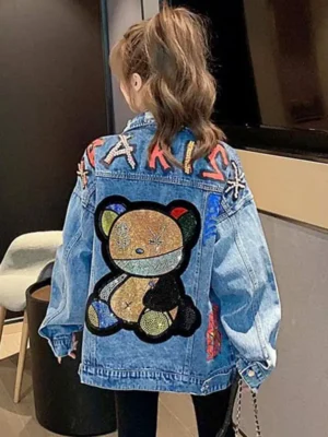 Women New Fashion Beading Heavy Printing Bear Patterned Denim Jacket Coat Ladies Casual Loose Trend Hole Jean Jackets Outerwear