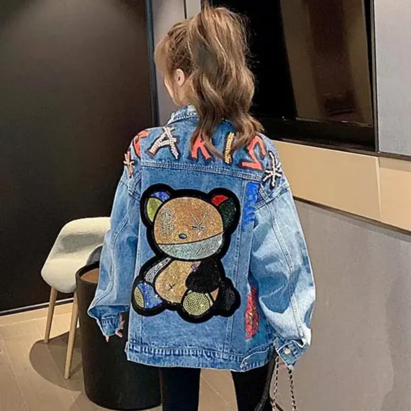 Women New Fashion Beading Heavy Printing Bear Patterned Denim Jacket Coat Ladies Casual Loose Trend Hole Jean Jackets Outerwear