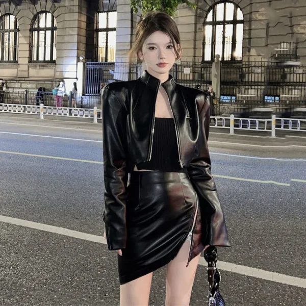 Two-piece Set Casual pu Leather Long Sleeve Crop Jacket + Asymmetric Zipper Sexy A- Line Skirt Women