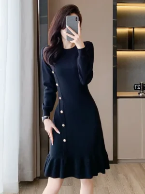 Knitted Mermaid Dresses For Women Round Neck Office A-line Knitted Dress Buttons Korean Style Asymmetrical Sweater Dress