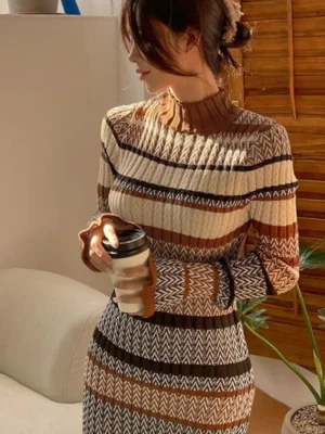 Women's Long Dress Knit Fashion Color Block Sweater Base Skirt Korean Style Elegant Slimming Women Clothing