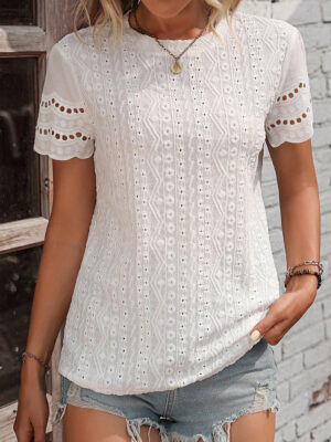 White Eyelet Embroidery Scalloped Short Sleeve Top