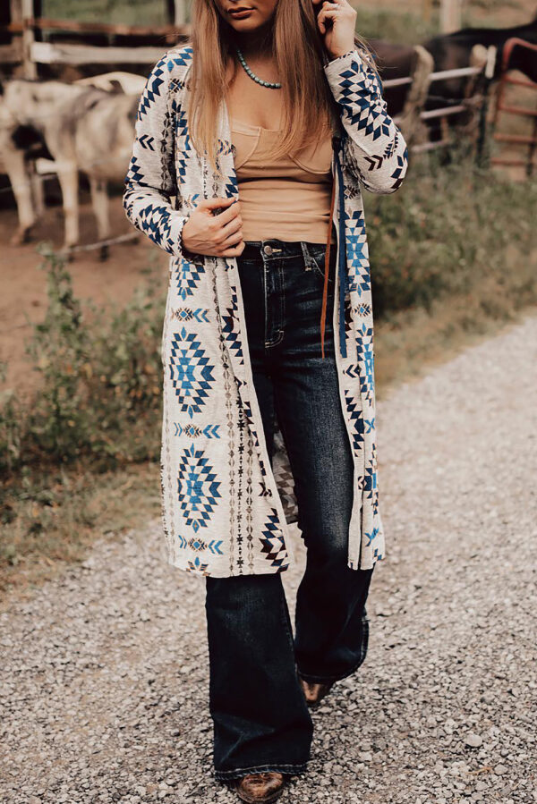 Brown Western Aztec Printed Open Front Long Cardigan